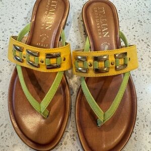 Italian Shoemakers Yellow and Green Sandals with Gold Accents